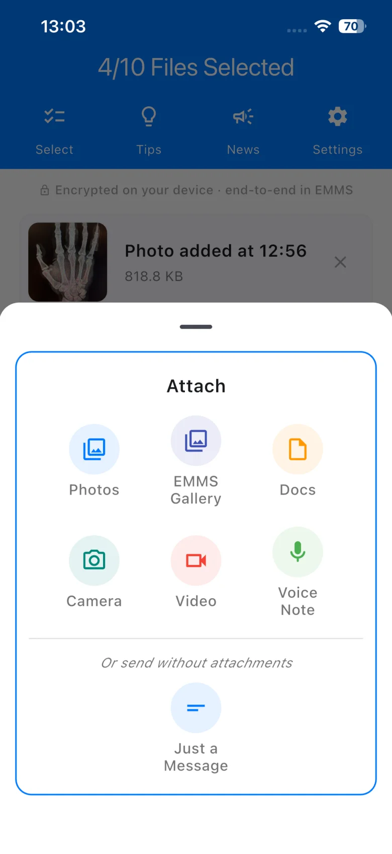 Attach photos, documents, video or a voice note