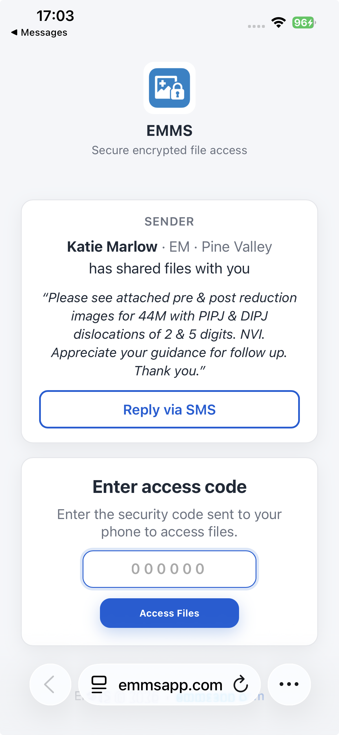 SMS secure link send screen